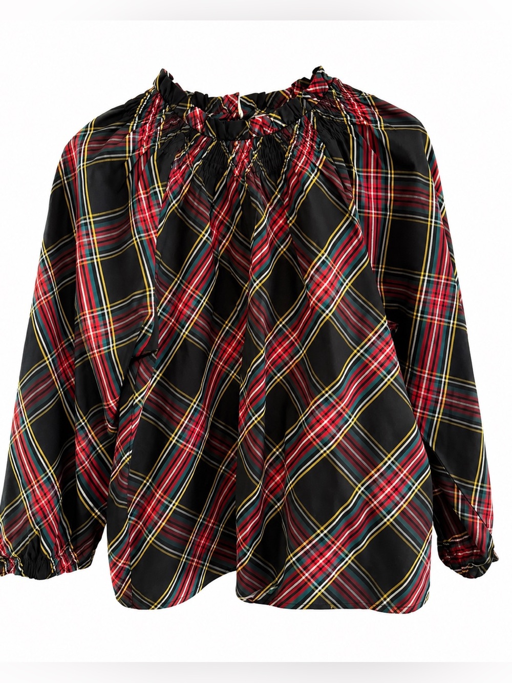 J. Crew Women’s Black Plaid Smocked-Neck Long Sleeve Top, NWT, Medium